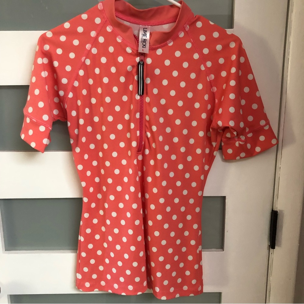Adorable Lime Ricki Swim Wear Melon & White Polka Dot Rash Guard Sz Large in EUC